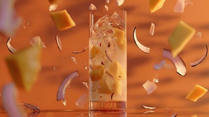 A luxurious mango coconut milk smoothie glows with sunset hues, featuring floating fruit chunks and creamy layers illuminated by golden light rays.