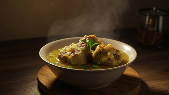 Delicious Steaming Oxtail Soup with Garnish, Served in a Bowl on a Wooden Coaster