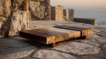 Modern wooden coffee table sits on a stone patio overlooking the ocean