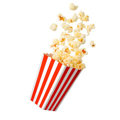Popcorn flying out of red white striped paper box isolated on white, transparent background, PNG, with copy space. Splash, levitation of popcorn grains.