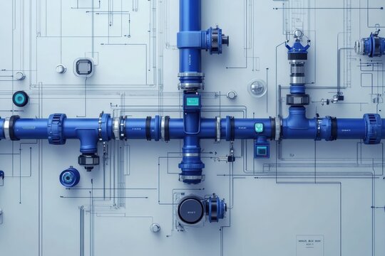 Graphic layouts highlighting water infrastructure using blue piping and equipment designs