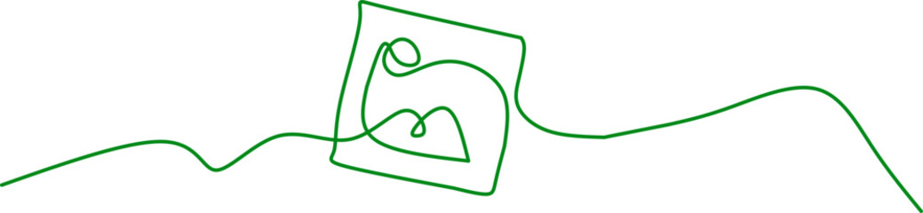 Minimalist one-line drawing of a photo icon with mountain and sun. Perfect for gallery, photography, image upload concepts, or creative visual media branding.