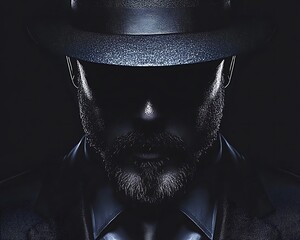 A shadowy man wearing a fedora and a business suit