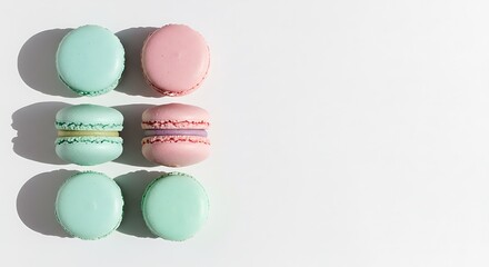 Fototapeta premium Colorful French Macarons Arranged on a Clean White Background