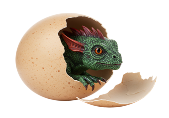 Green dragon hatching from speckled egg on black backdrop featuring red fins and claws