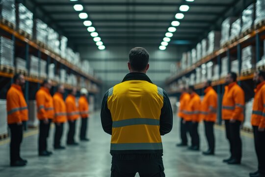 Safety briefing in a warehouse for workers in high-visibility jackets