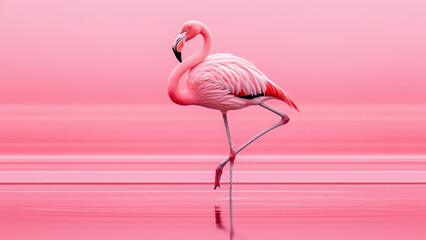 beautiful pink flamingo stands on one leg in water on pink background.