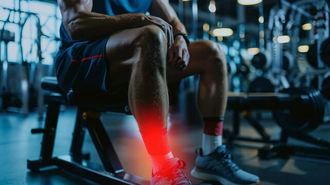 Man with red knee sitting on bench in gym, acute pain concept