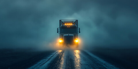 Freight transportation amidst dense fog a semi truck navigating a wet road in ominous weather conditions