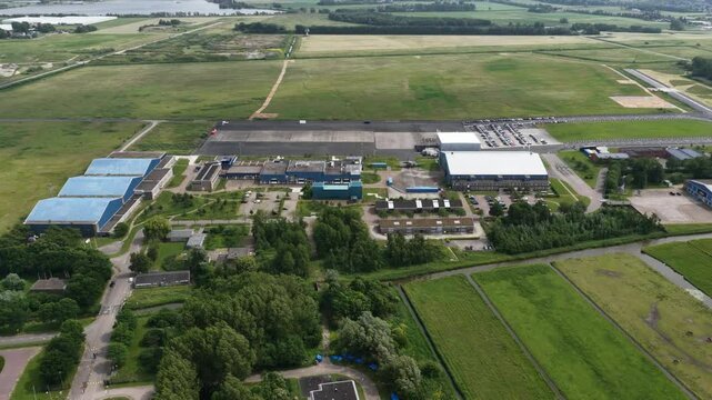 Theater Hangaar former airport, Valkenburg, The Netherlands, theather event location. Aerial drone video.