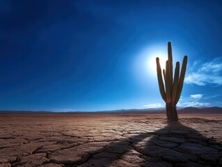 Cactus stands alone under bright sun in arid desert landscape during daytime with an expansive clear blue sky