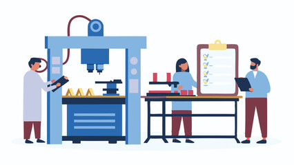 Illustration of three people in a factory setting with a machine and a clipboard checklist observed