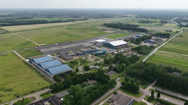 Theater Hangaar former airport, Valkenburg, The Netherlands, theather event location. Aerial drone video.