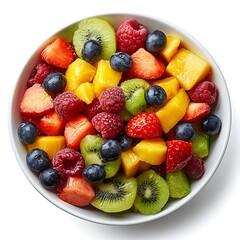 Fresh and colorful fruit salad in bowl isolated on white background