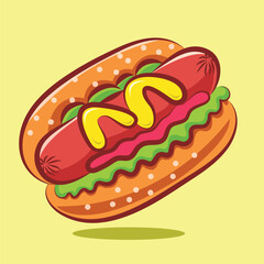 Hot dog vector illustration of fast food isolated on yellow background