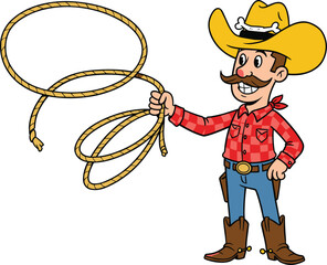 Cartoon cowboy in red shirt with lasso, smiling western character, rope spinning, cowboy boots, hat, wild west theme illustration, isolated.