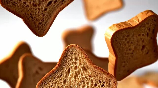 Multiple golden-brown toasted bread slices floating dynamically against a clean white background