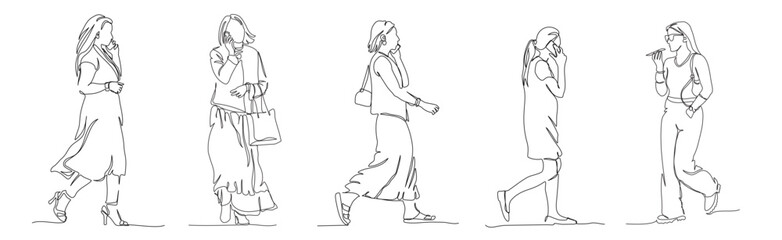 Women talking on phone. People walking set. Continuous line drawing elements. Black and white vector illustration in line art style.