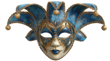 A blue mask with gold accents and a gold nose
