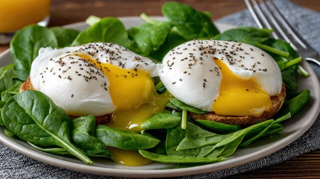 Delicious poached eggs served on fresh spinach with running yolk for a healthy breakfast experience