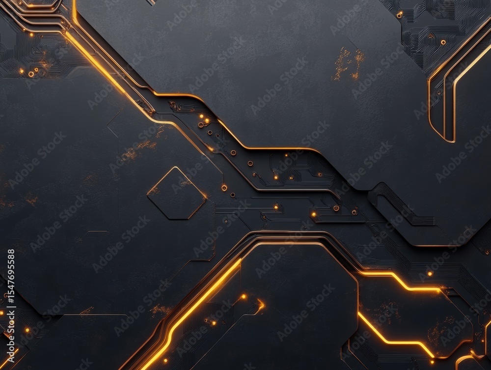 Fototapete Futuristic circuit design with glowing orange elements against a dark background showcasing intricate patterns
