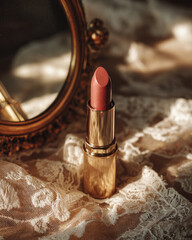 Luxurious lipstick in gold tube rests on cream lace fabric beside vintage brass mirror, creating elegant and timeless aesthetic. warm lighting enhances beauty of scene