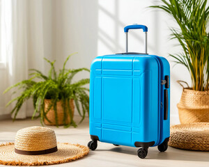 The blue suitcase is packed for travel.