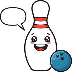 Cute cartoon bowling pin with speech bubble, happy expression, blue ball, fun sports illustration, kids design, vector isolated clipart