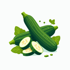 Digital illustration of two whole zucchini and their cross sections, surrounded by leaves and small pieces, on a white background.