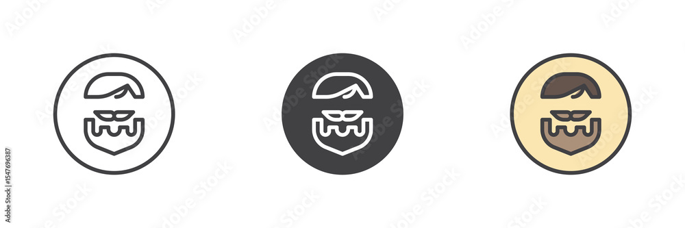 Poster bearded face icon set in line, solid and filled outline style