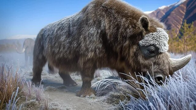 Majestic Bison Standing in Frosty Landscape with Mountains in Background under Clear Blue Sky