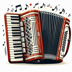 Digitally created illustration of an accordion, featuring musical notes, set against a white background.  The instrument is presented in a vibrant red hue.