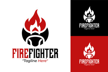 Professional Firefighter Logo with Tools and Flames in Red and Black