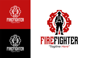 Firefighter Logo with Flames and Protection Icon in Red and Black