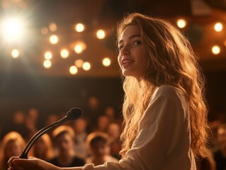 Young woman speaks confidently at a public event with spotlight illuminating her presence and audience in the background