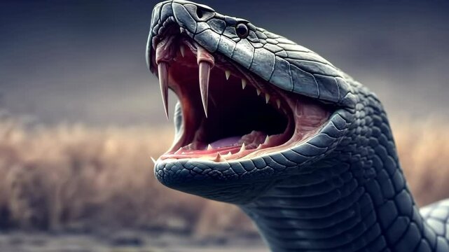 Majestic black mamba opens its mouth wide in the wild on a foggy day in Africa's savanna