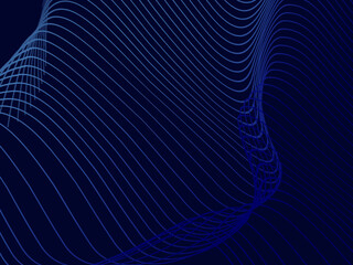 Blue background with modern abstract wave lines. Wave pattern of dark blue thin lines overlapping each other, creating a dynamic and technological abstract background.