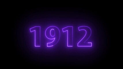 1912 Neon Text Animation. Glowing Countdown Number 1912. Animated Luminous Important 1912 Year. Transparent BG Dynamic Colorful Loop.