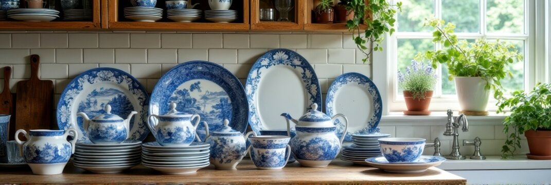 Vintage blue and white porcelain dishware in rustic kitchen setting - Powered by Adobe