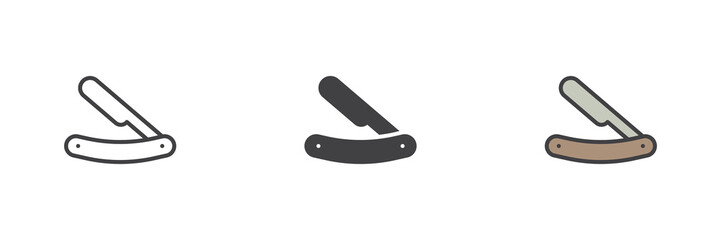 Straight razor icon set in line, solid and filled outline style