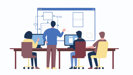 Team of four people working at computers with a diagram on a screen in the background shown