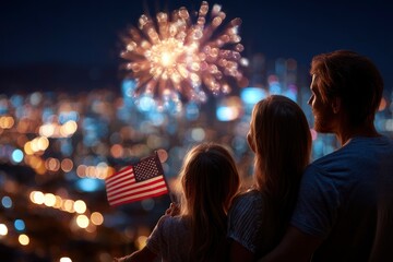 Family watches fireworks above city child holds US flag on 4th of July