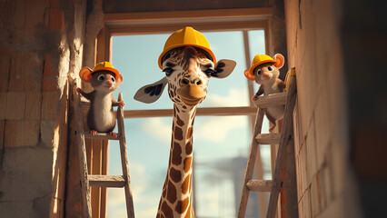 construction crew: a giraffe in a helmet and mice, doing repairs in a new building, close-up portrait