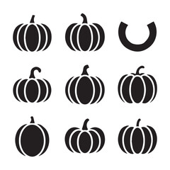 Pumpkin Icon Set Collection. Simple Black and White Silhouette Icons of Pumpkins and Watermelon
