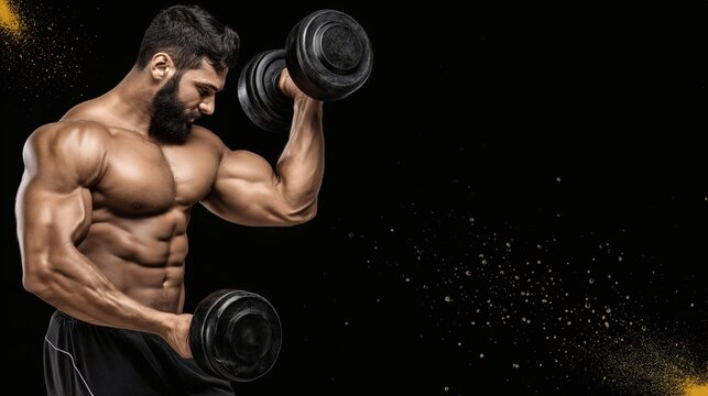 Muscular man lifting dumbbells, Strong bodybuilder workout pose, Fitness motivation for gym or sports ads