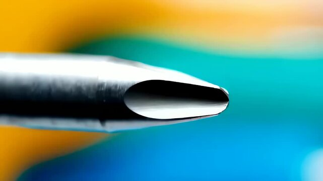 Close-up macro shot of a metallic Phillips head screwdriver tip against a vibrant, blurry orange, green, and blue background