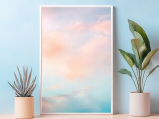 Artistic display of pastel clouds printed on wall against a light blue background with decorative plants in cozy interior setting