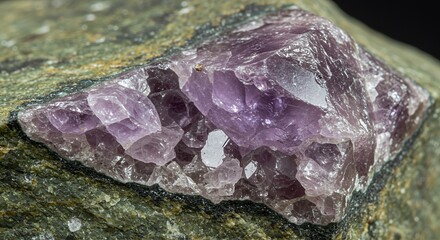 Close-up of a Lavender Lepidolite Crystal Cluster Embedded in Dark Green Matrix