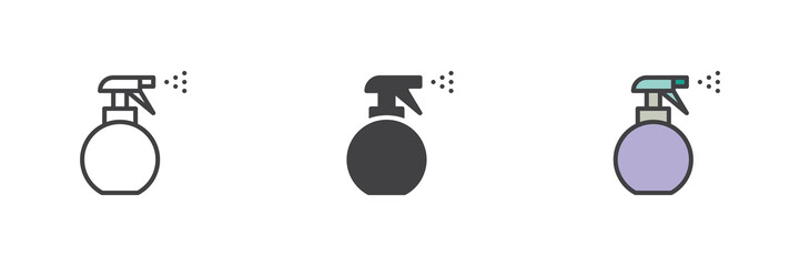 Perfume spray bottle icon set in line, solid and filled outline style