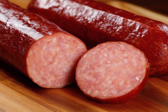 Sliced smoked sausage, Pink meat texture detail, Processed deli product for marketing or cookbooks - Powered by Adobe